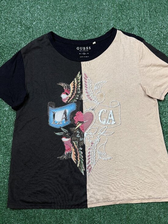 Guess Tops - Guess T Shirt Women's Size M Brown Black Cropped Short Sleeve Crew Neck Split